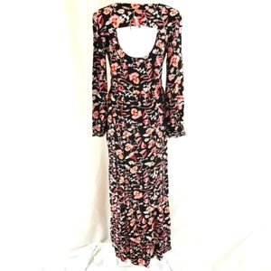 MinkPink Maxi Dress Open Back Boho Floral Long Sleeve V Neck Black Pink